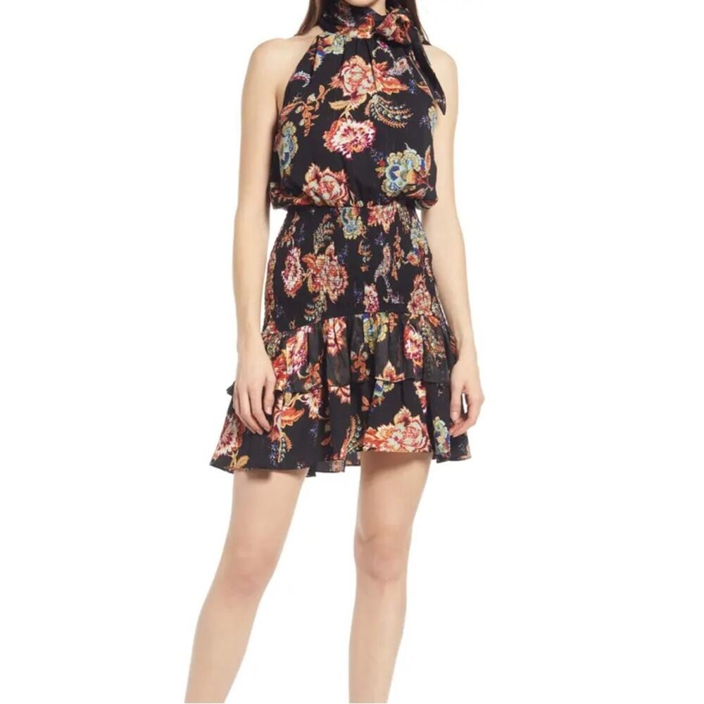 NWT Elliatt Virago Halter Sleeveless Black Floral Dress LARGE